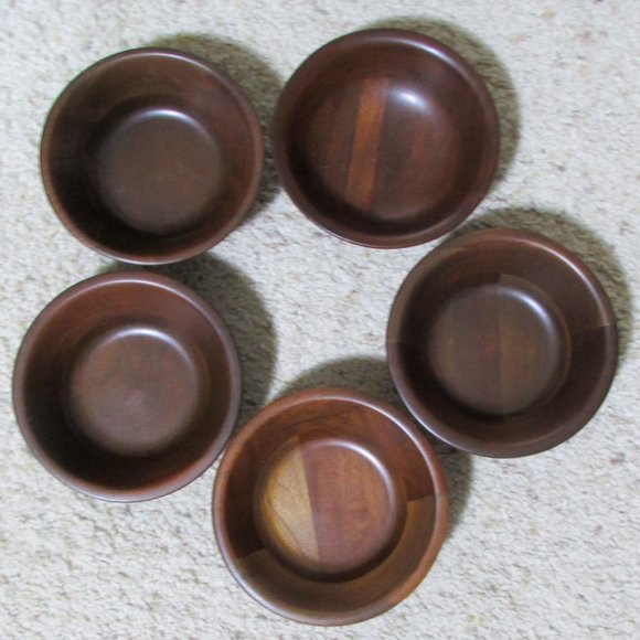 Vintage Mid Century Modern Vermillion Real Walnut Set of 5 Salad Bowls 6" - Picture 1 of 6